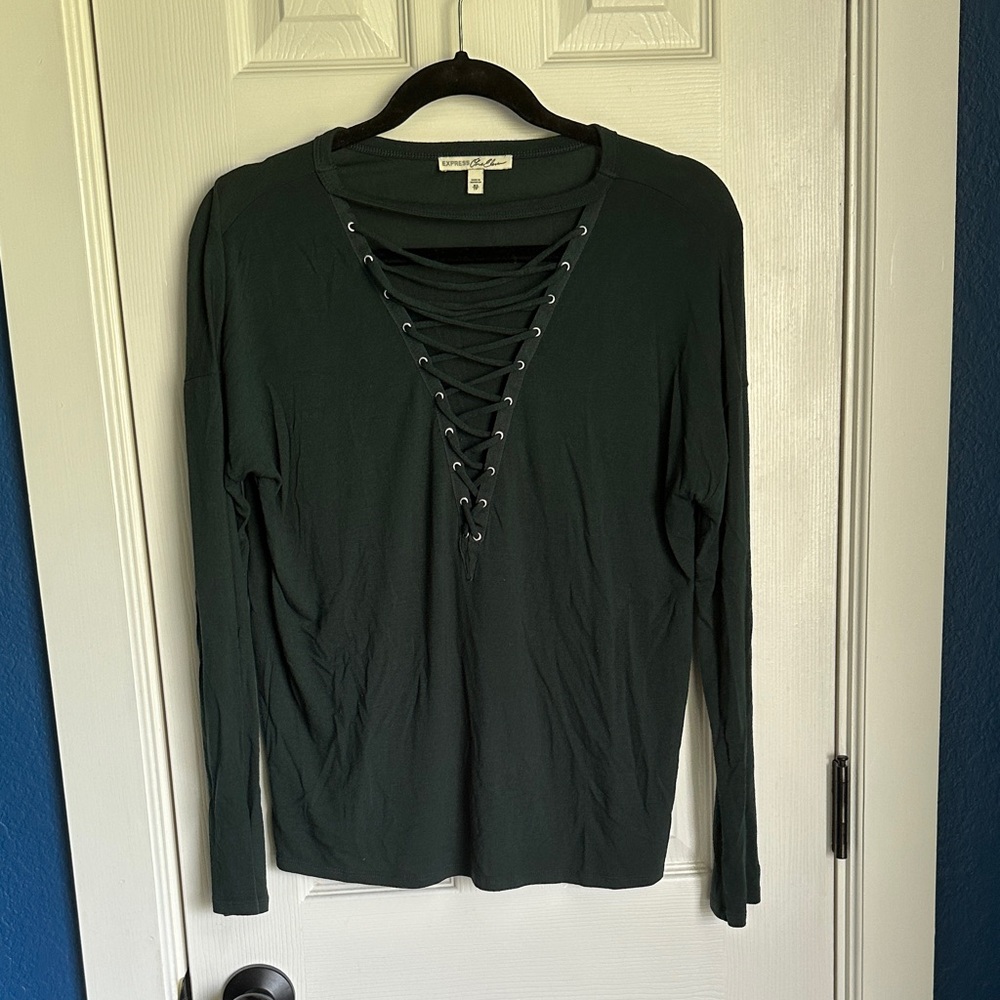 Express Dark Green Lace-Up Top